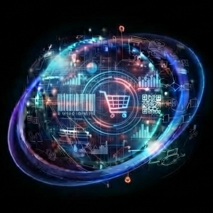 DigitalPOS holographic orbit emblem with shopping cart, barcode and QR code