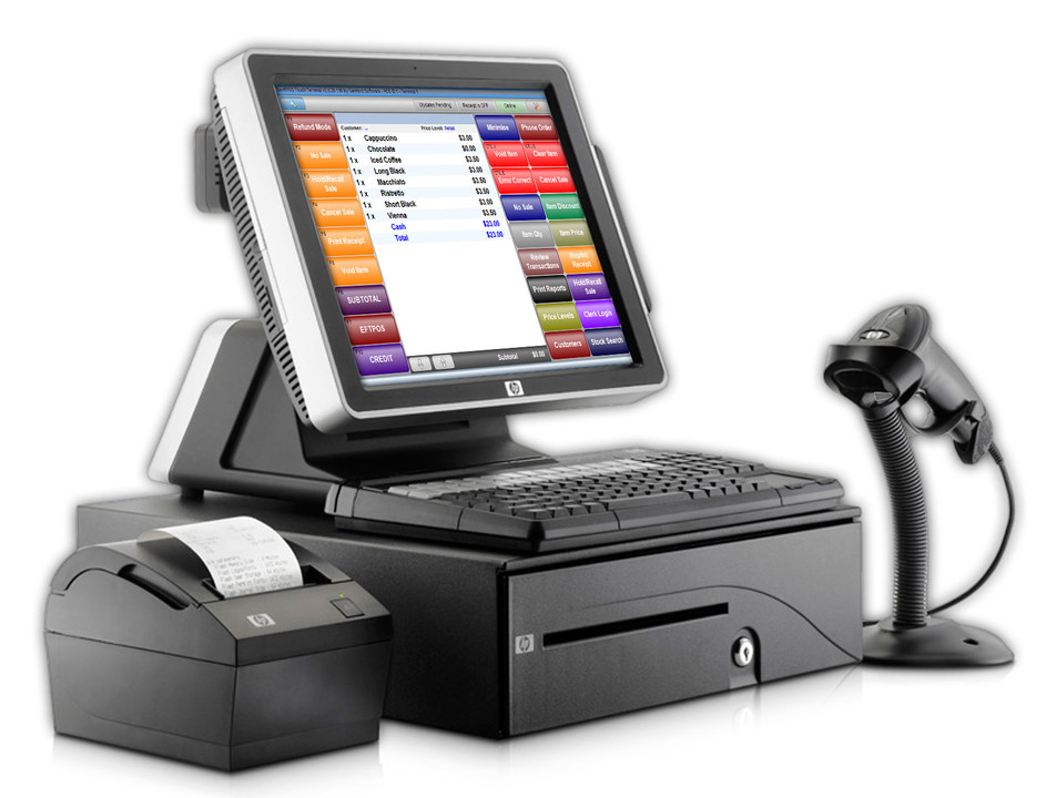 HP touchscreen POS terminal with receipt printer, cash drawer and handheld barcode scanner