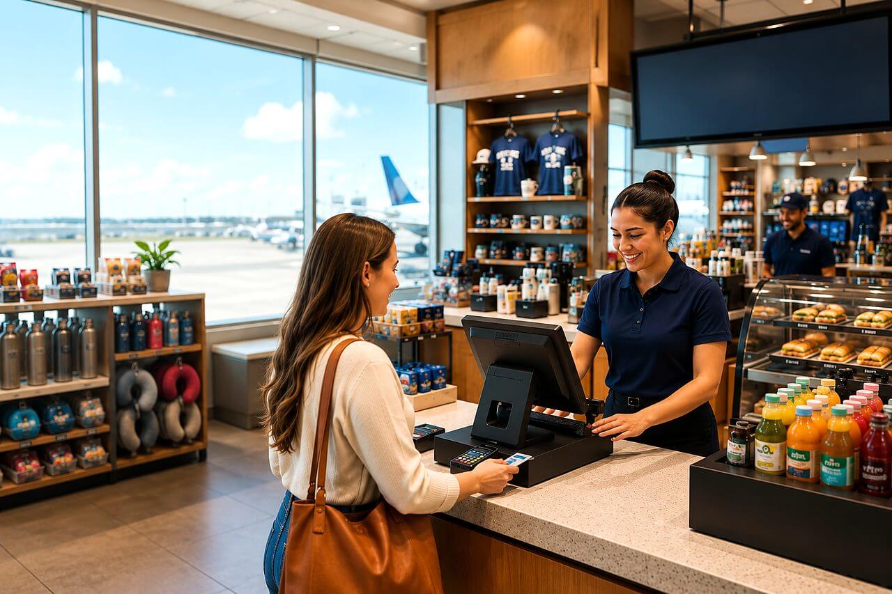 A smiling cashier in a navy polo at a POS terminal while a customer pays by card in a bright modern retail store